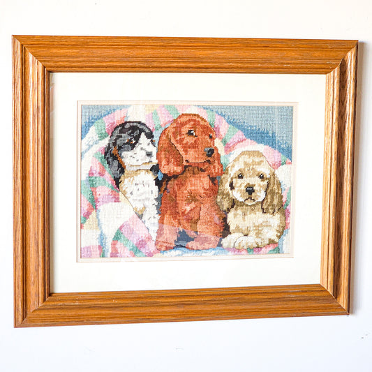 Vtg Framed Puppies Needlepoint