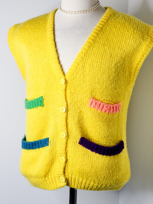 Vintage Yellow Color Block Knitted Vest Tagged M