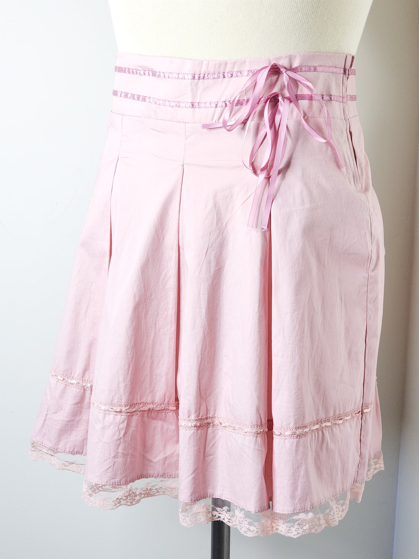 Vtg Y2K Pink Ribbon & Ruffles Cotton Skirt Tagged Large