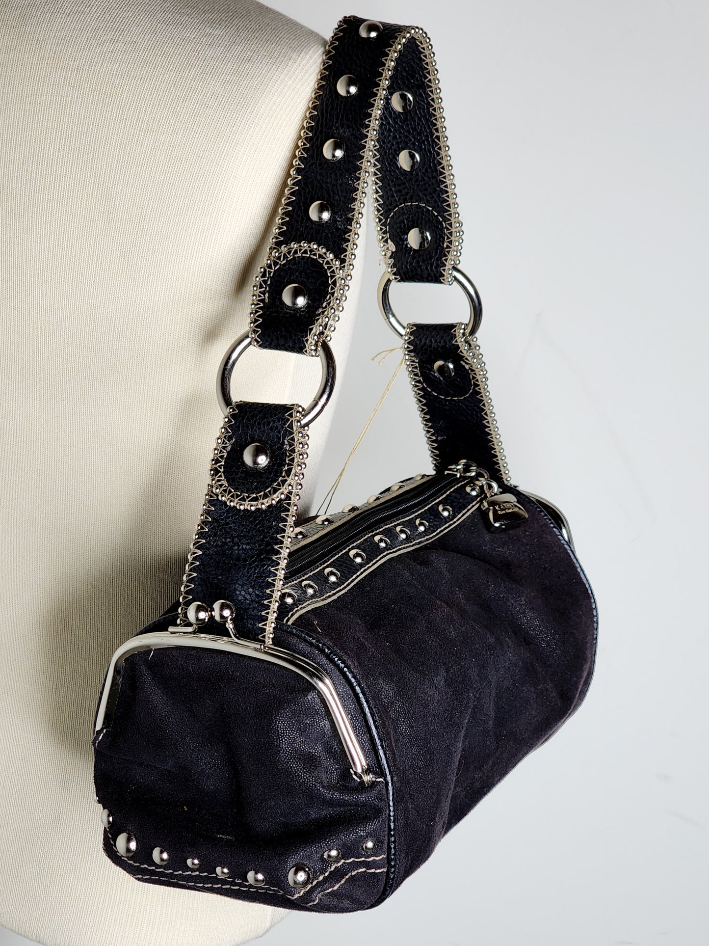 Y2K Suede & Silver Studded Shoulder Baguette Style Bag