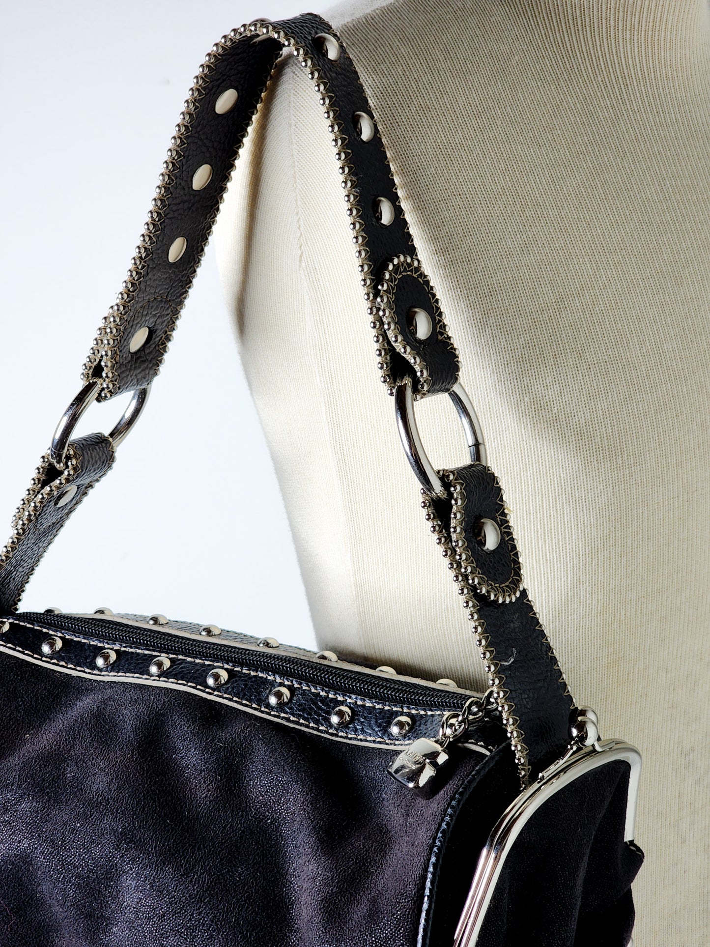 Y2K Suede & Silver Studded Shoulder Baguette Style Bag