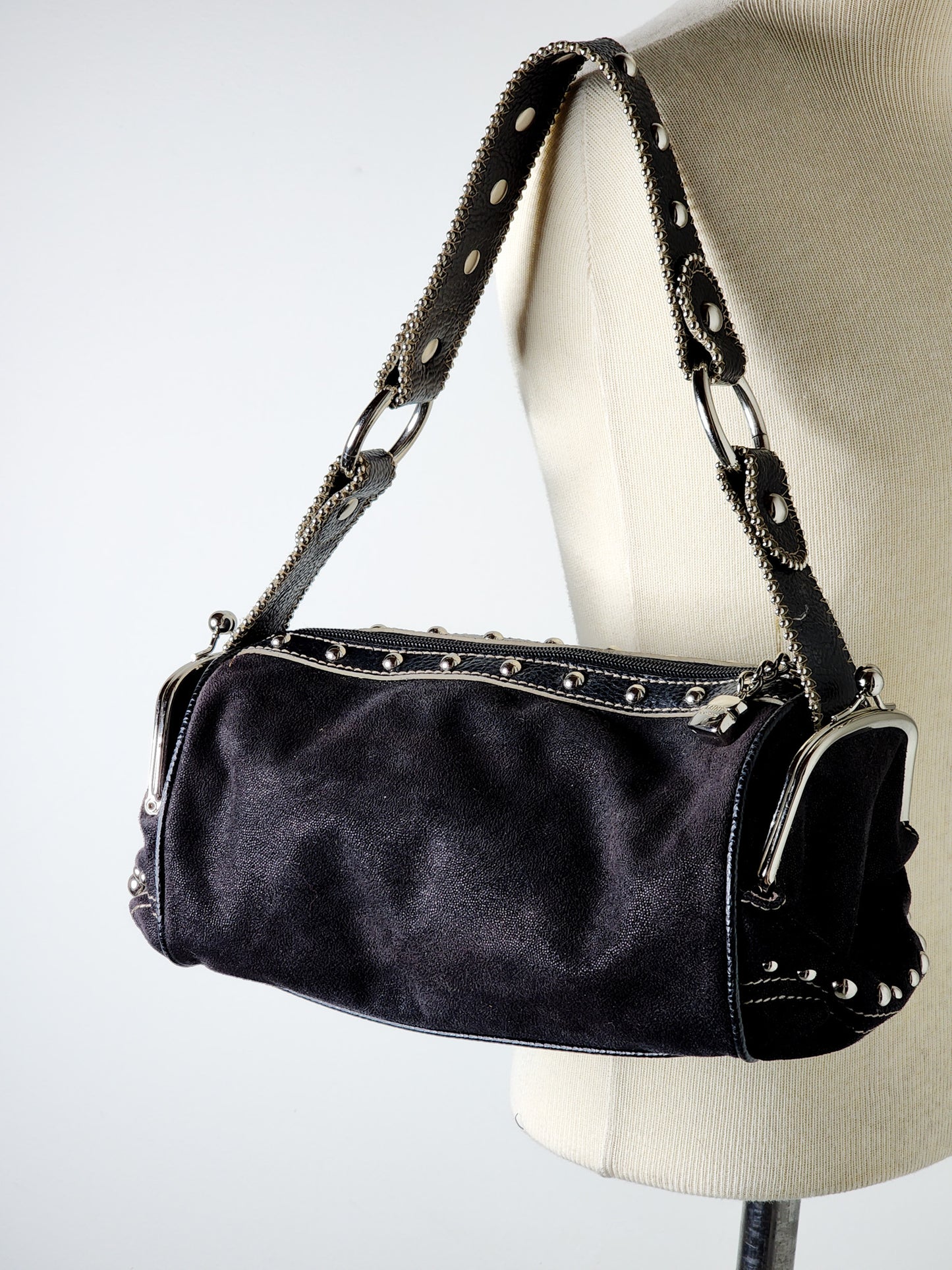 Y2K Suede & Silver Studded Shoulder Baguette Style Bag