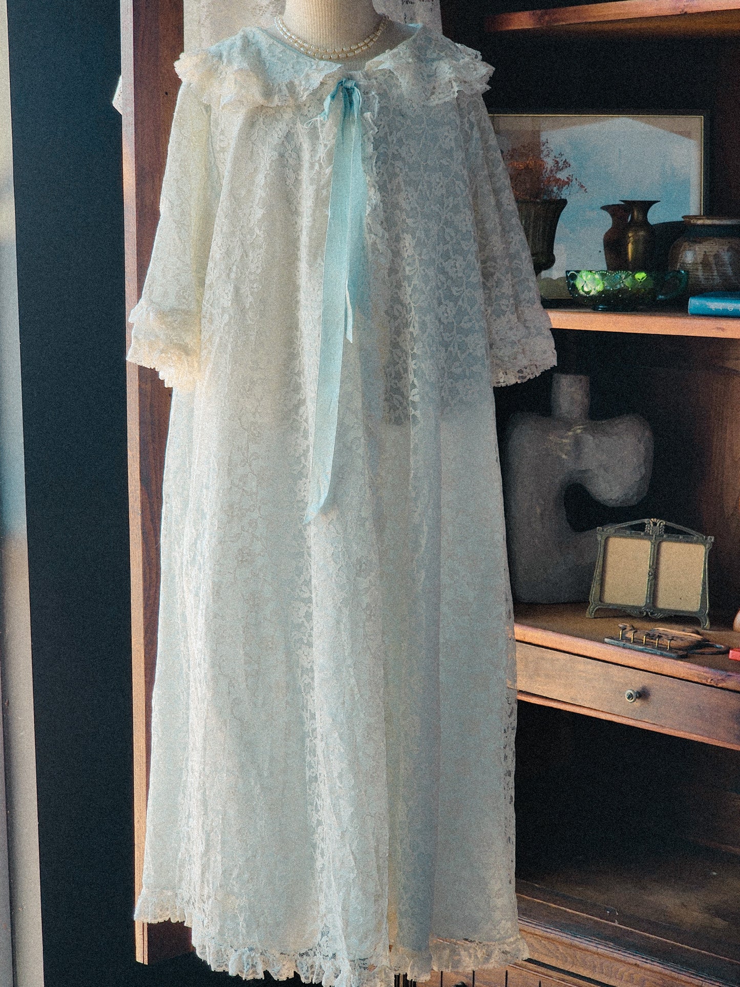 Vtg Peignor Maxi Robe w/ Lace & Blue Satin Accents