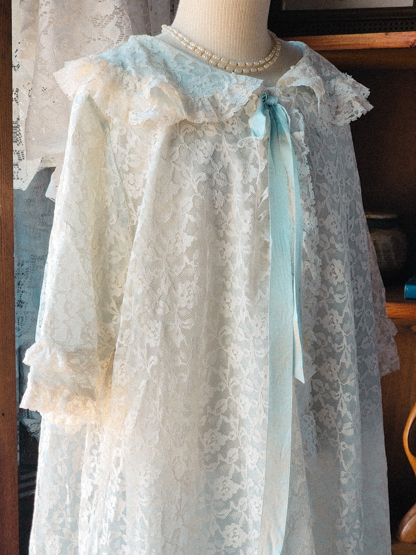 Vtg Peignor Maxi Robe w/ Lace & Blue Satin Accents