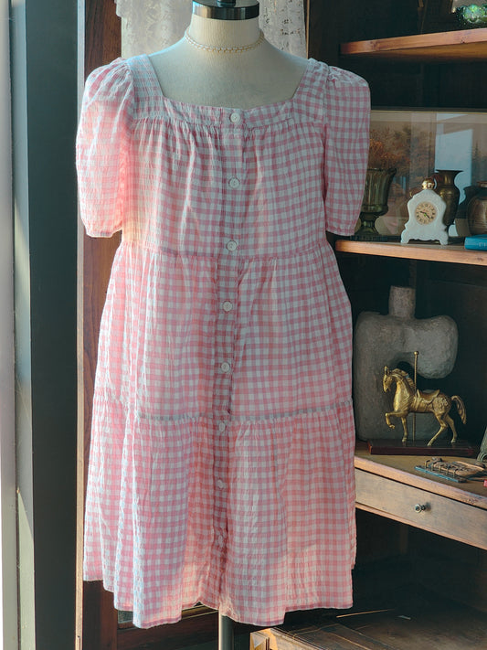 Modern Pink Gingham Beach Lunch Lounge Dress Tagged 12-14