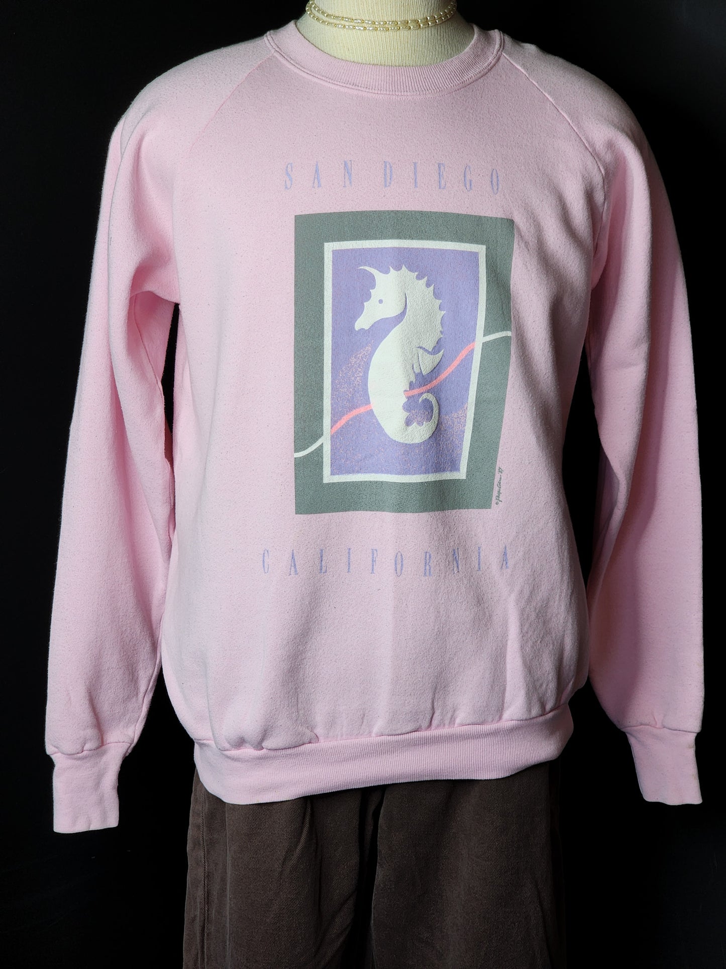 Vtg 1987 Pink San Diego Seahorse Art Sweater Crewneck Tagged XL