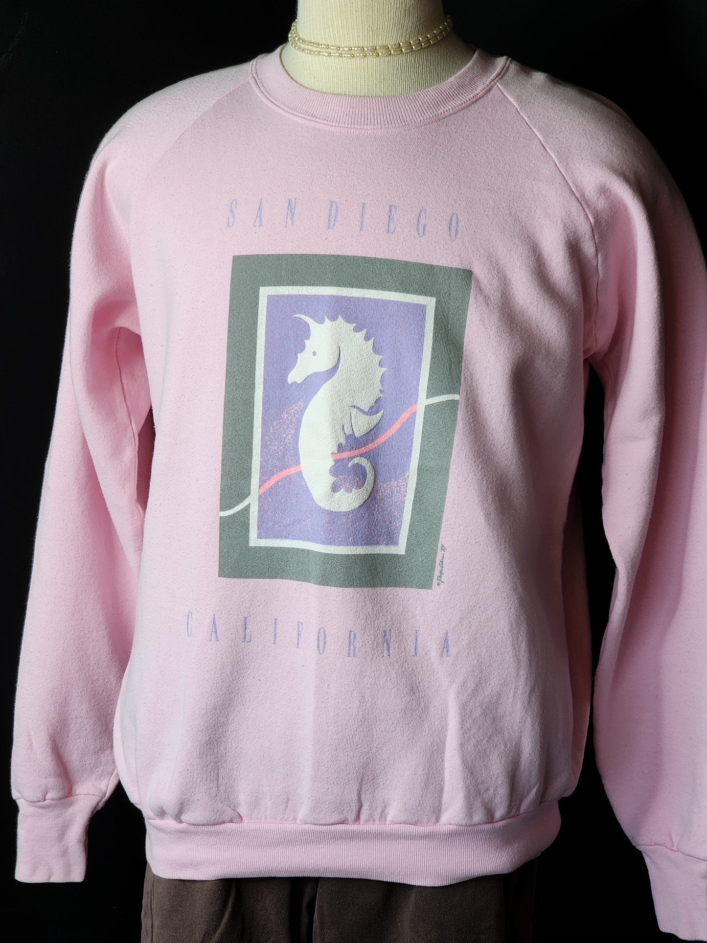 Vtg 1987 Pink San Diego Seahorse Art Sweater Crewneck Tagged XL