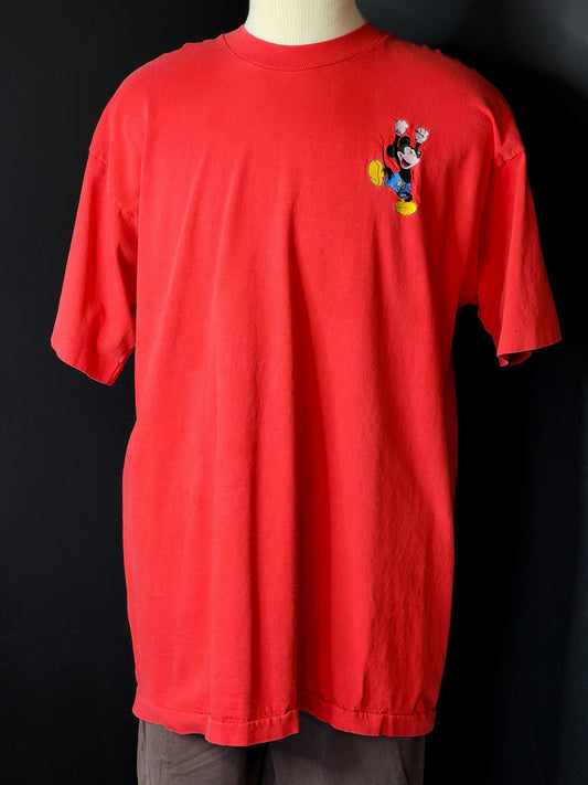 Vtg 90s Red Embroidered Mickey Mouse Tee Tagged XL