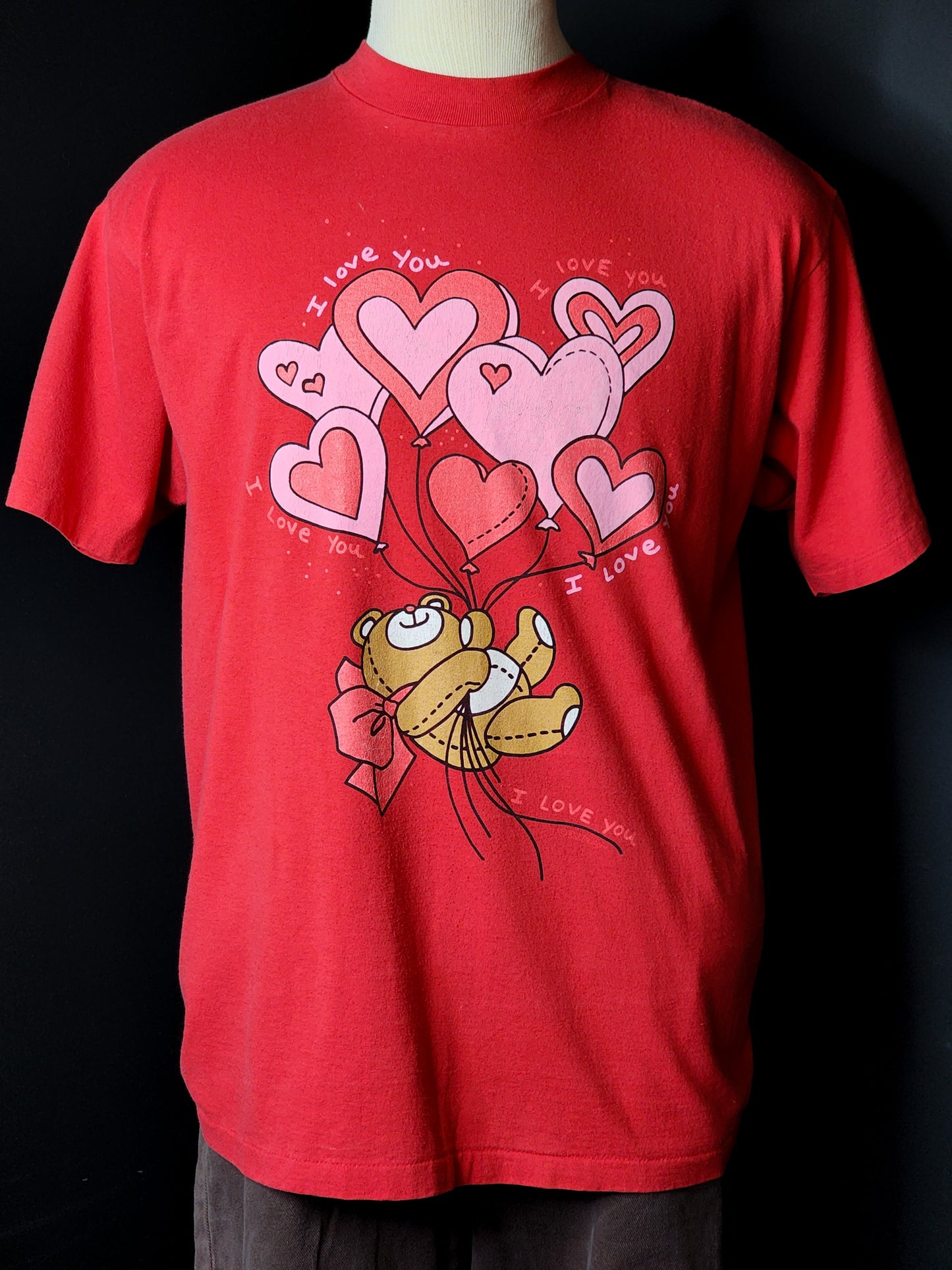 Vtg 90s Graphic Teddy Bear & Hearts Red Tee Tagged XL