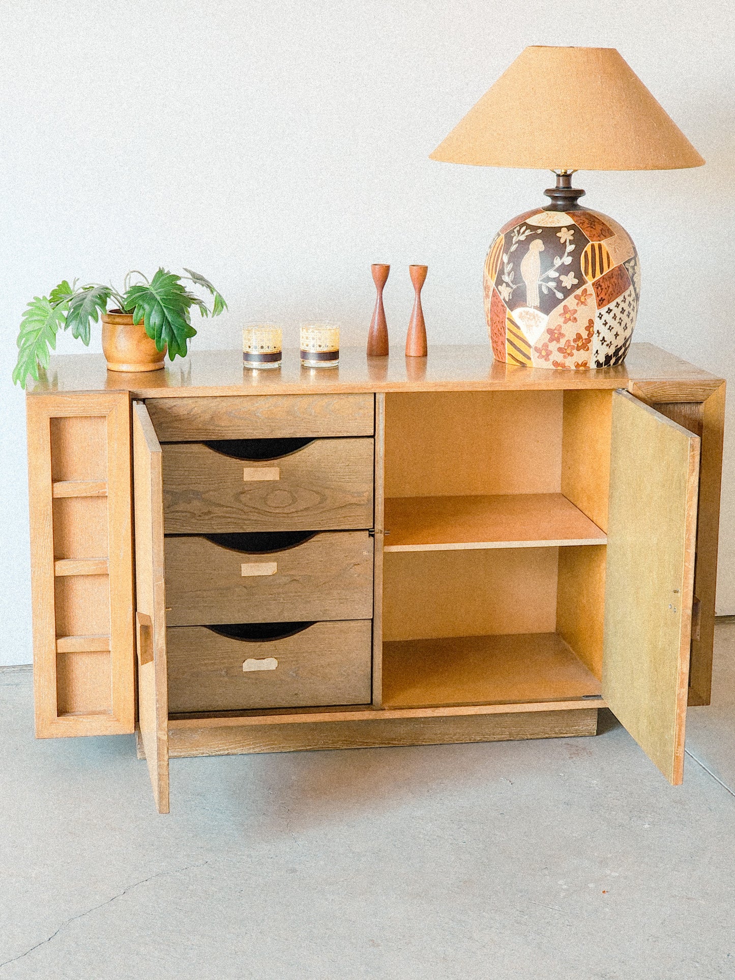 Vtg Mid Century Credenza Lime Washed Oak Finish