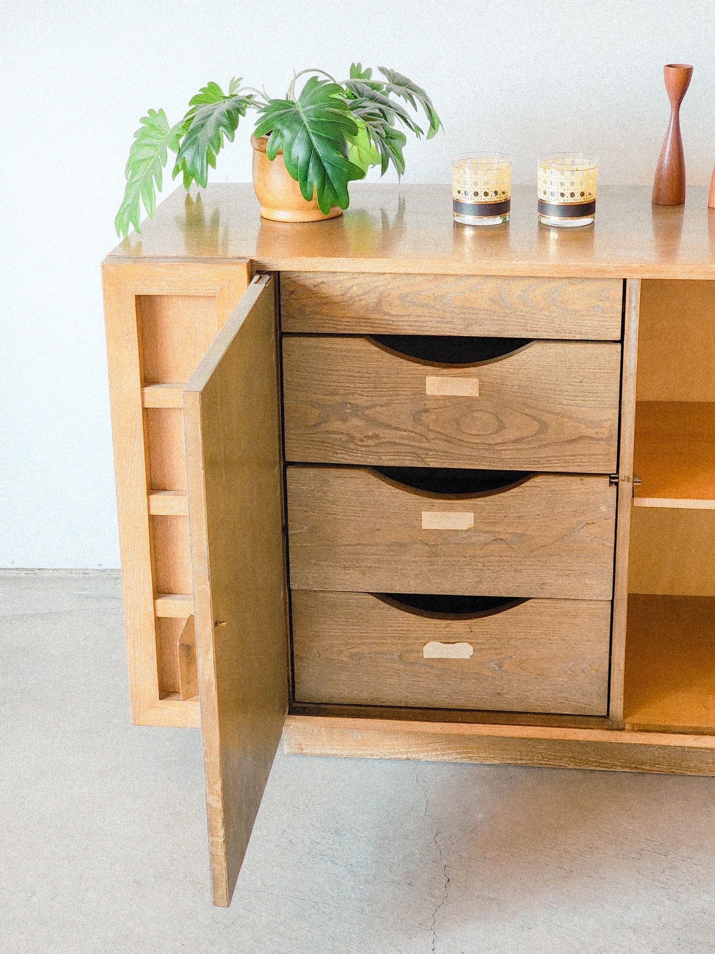 Vtg Mid Century Credenza Lime Washed Oak Finish