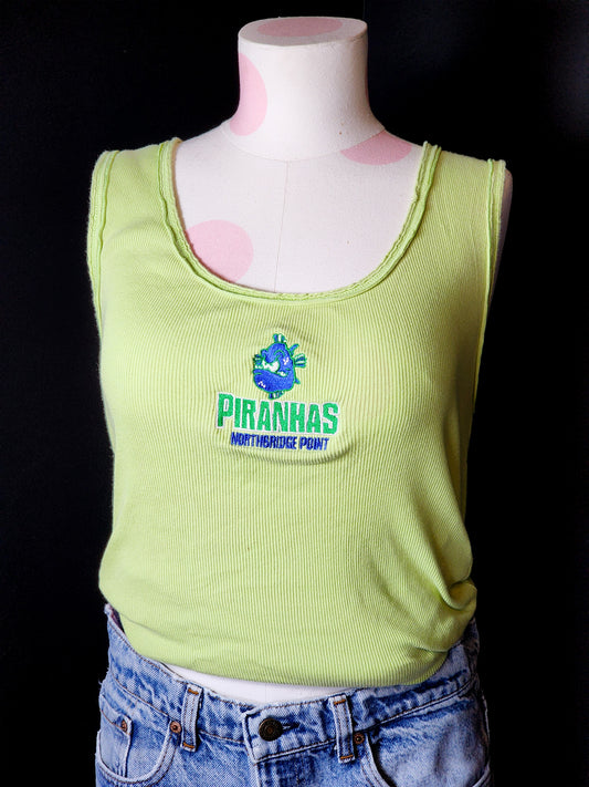 Vtg Embroidered Long Lime Green Cotton Tank Tagged L
