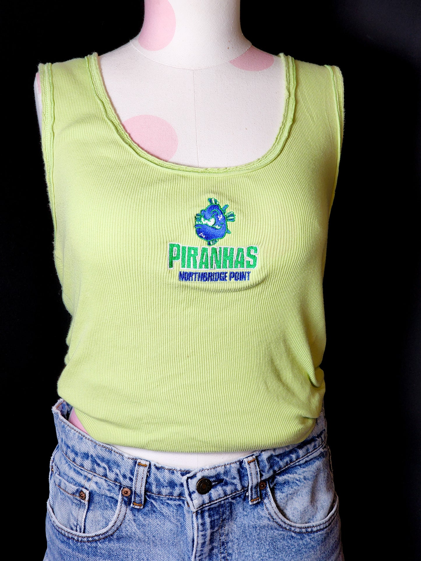 Vtg Embroidered Long Lime Green Cotton Tank Tagged L