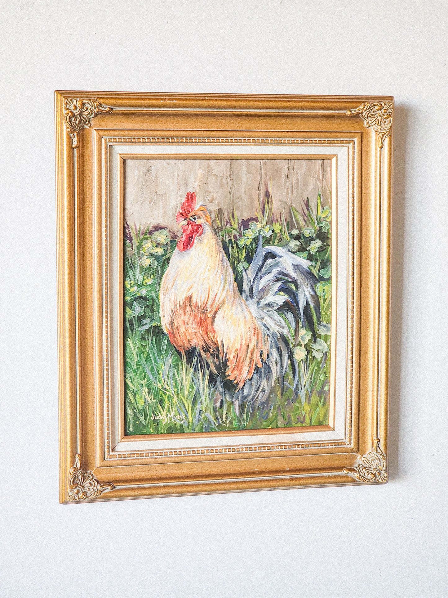 Ornate Framed Original Rooster Oil Painting