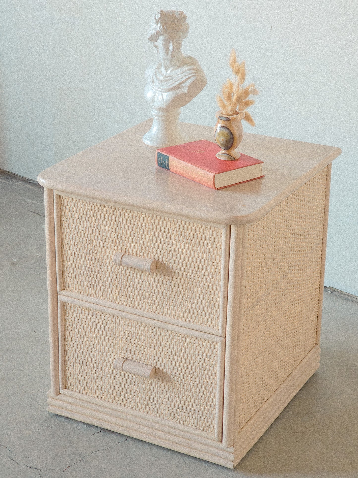 Vtg Rattan & Wicker Cream Nightstand