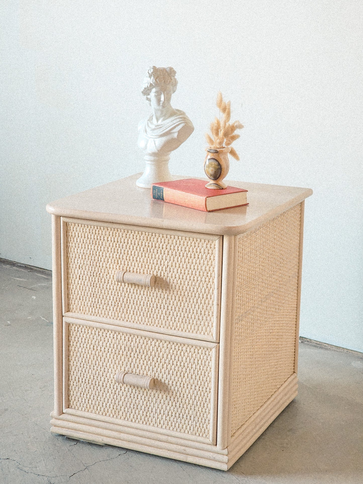 Vtg Rattan & Wicker Cream Nightstand