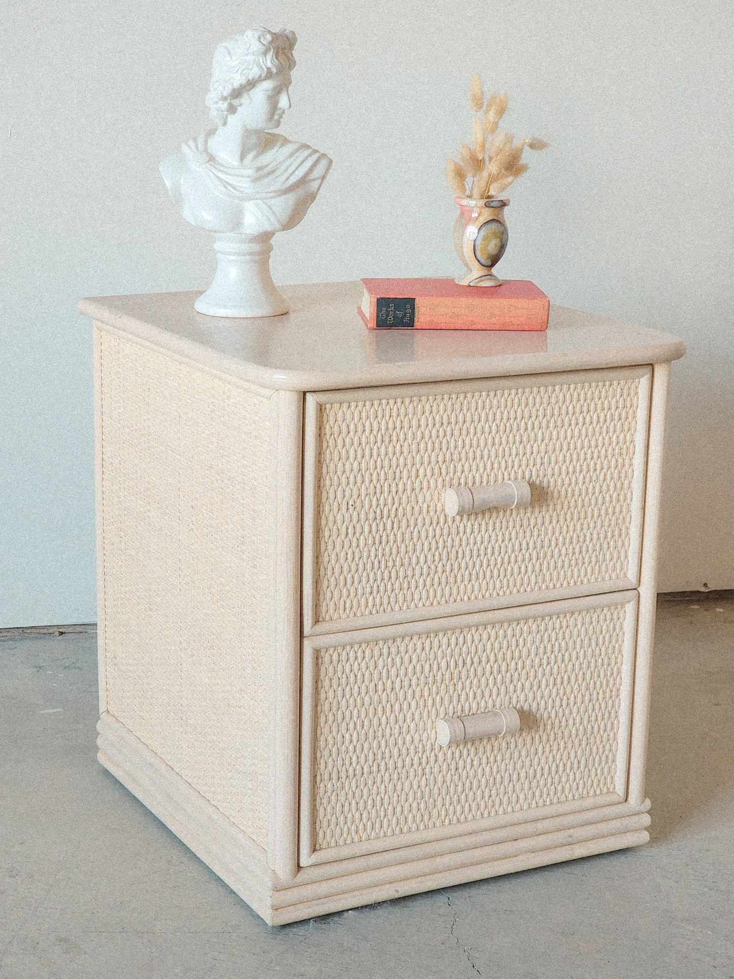 Vtg Rattan & Wicker Cream Nightstand