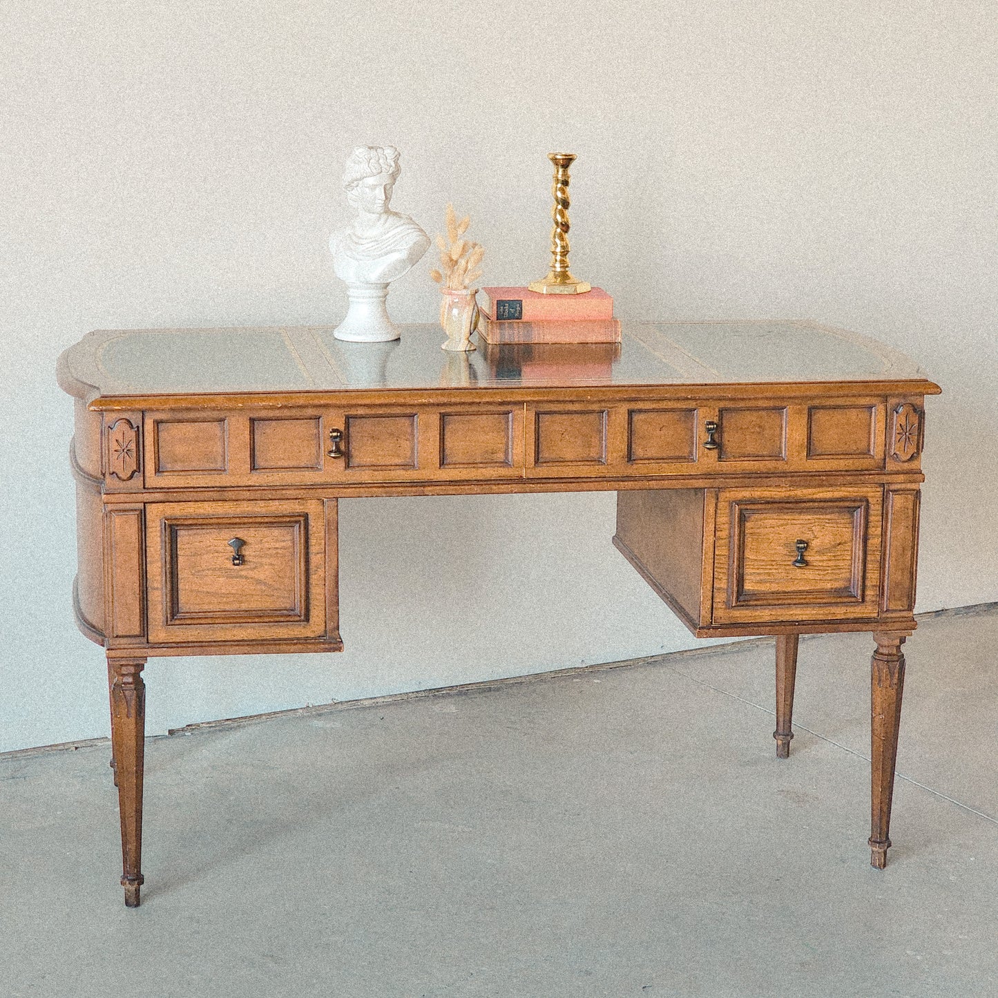 Vintage Leather Topped Walnut Rounded Desk