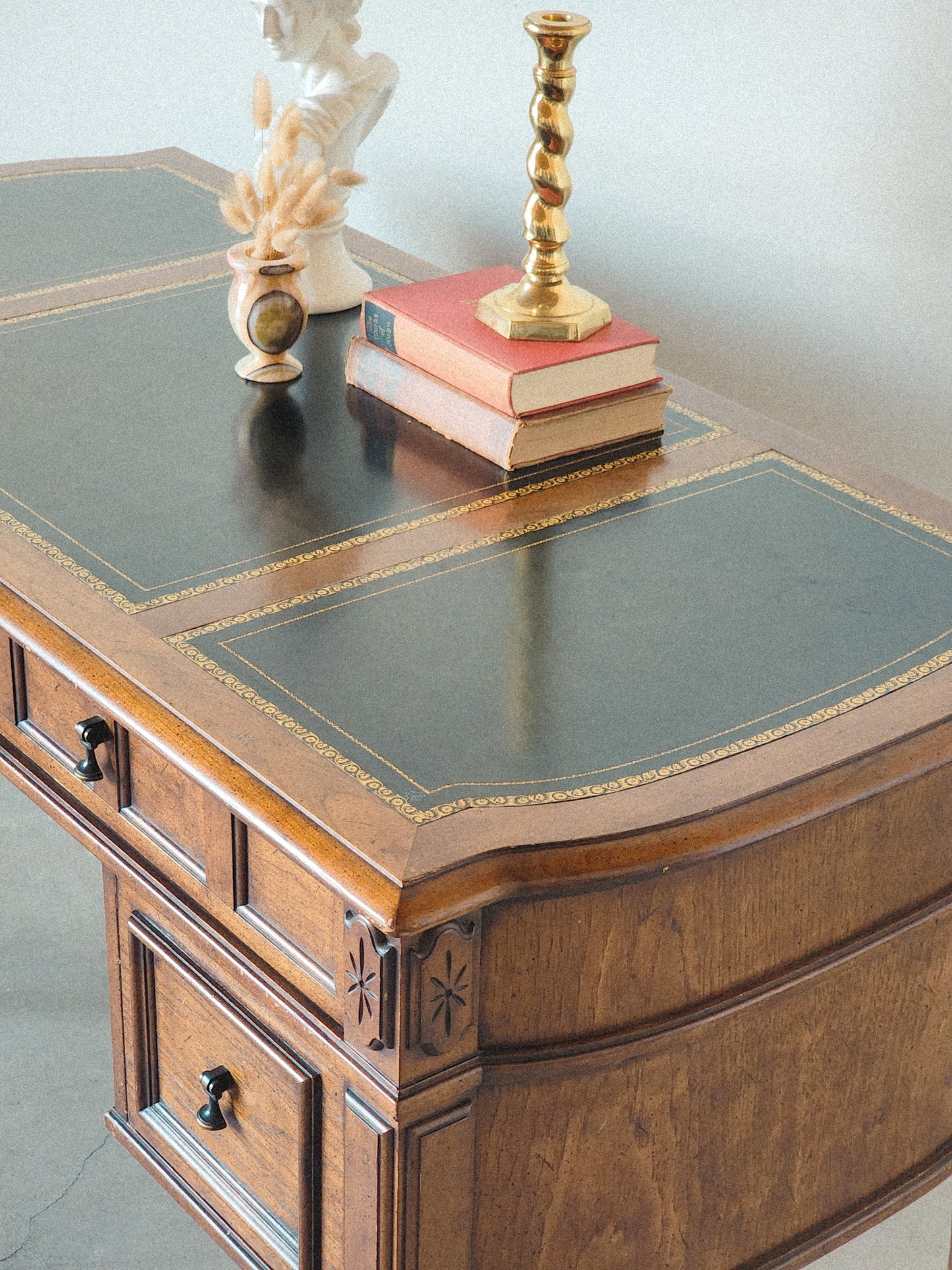 Vintage Leather Topped Walnut Rounded Desk