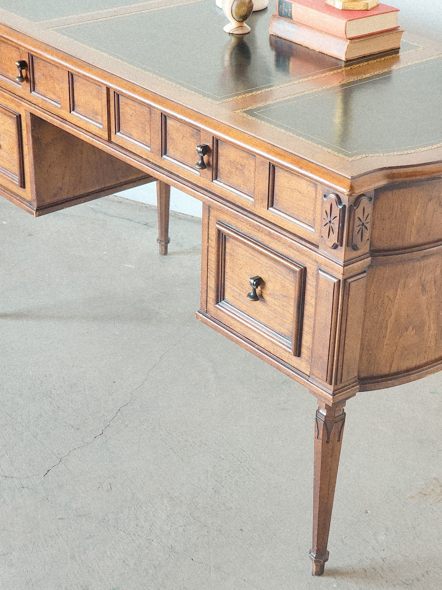 Vintage Leather Topped Walnut Rounded Desk