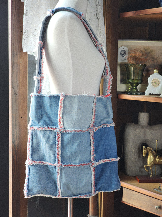 Vtg Handmade Distressed Denim Rag Patchwork Reversible Tote/Bag/Purse