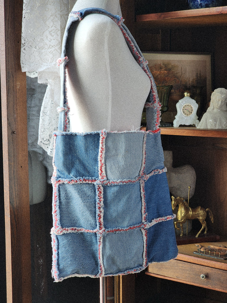 Vtg Handmade Distressed Denim Rag Patchwork Reversible Tote/Bag/Purse