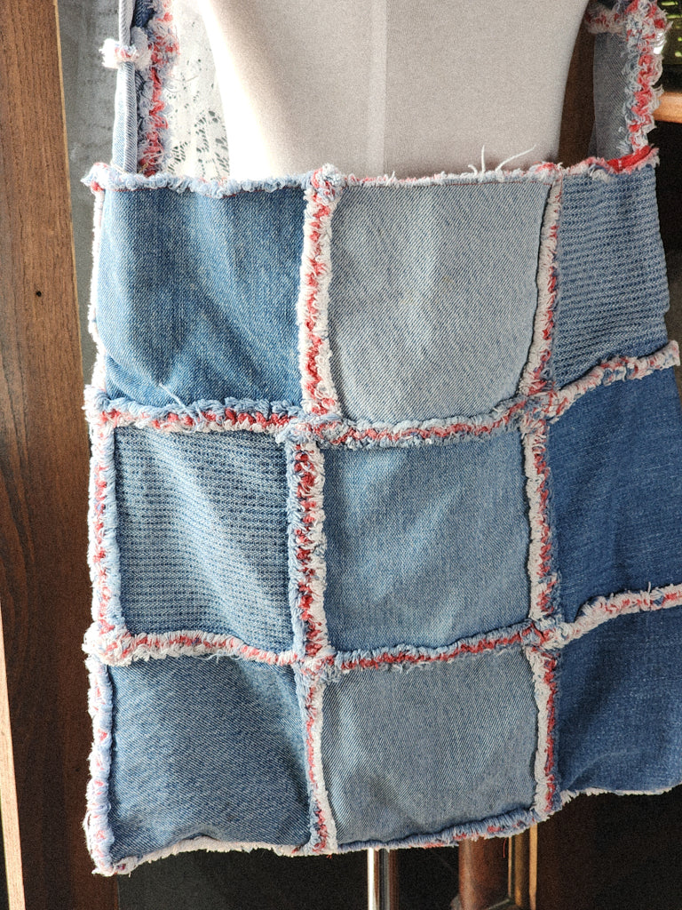 Vtg Handmade Distressed Denim Rag Patchwork Reversible Tote/Bag/Purse