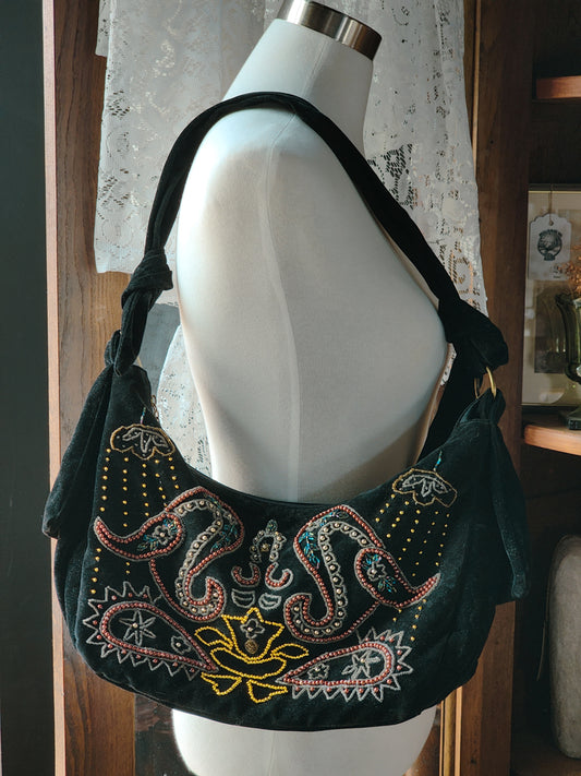 Velvet Whimsigoth Beaded Hobo Crescent Shaped Shoulderbag