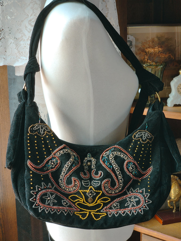 Velvet Whimsigoth Beaded Hobo Crescent Shaped Shoulderbag