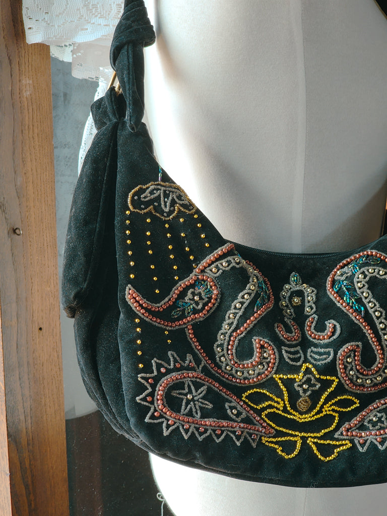 Velvet Whimsigoth Beaded Hobo Crescent Shaped Shoulderbag