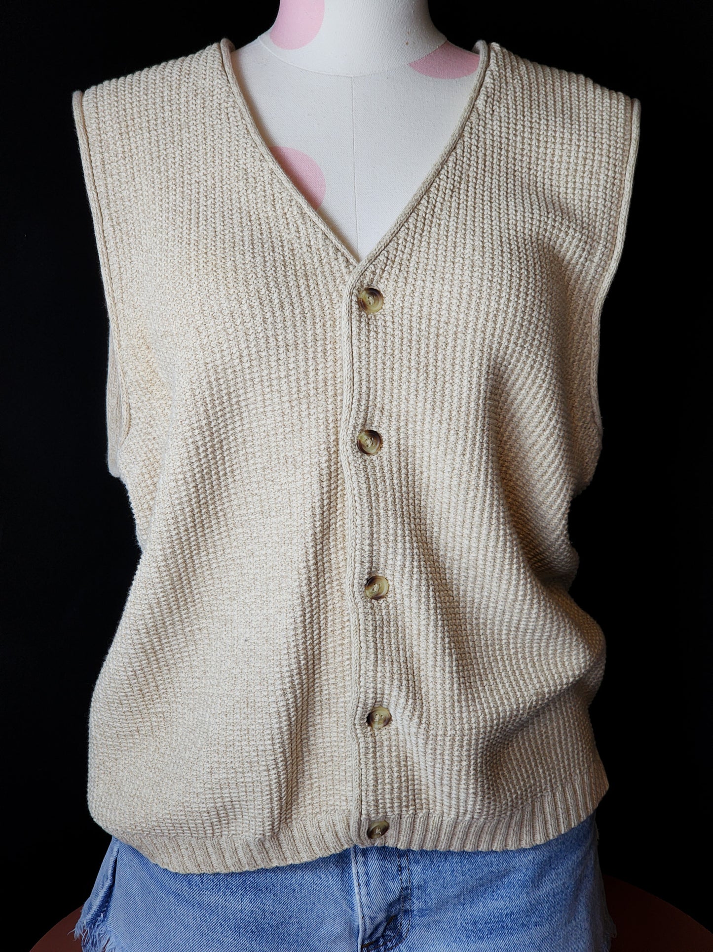 Vtg Cream Cotton Knitted Sweater Vest Tagged M