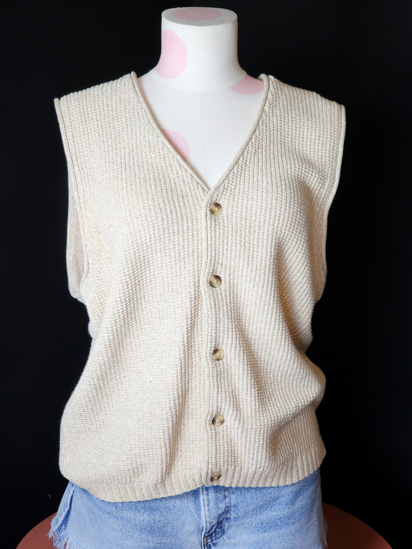 Vtg Cream Cotton Knitted Sweater Vest Tagged M