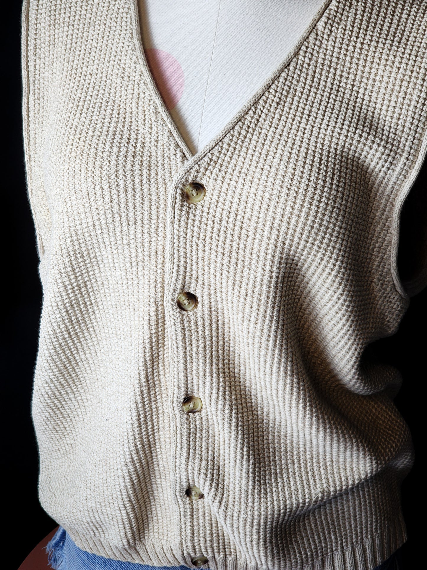 Vtg Cream Cotton Knitted Sweater Vest Tagged M