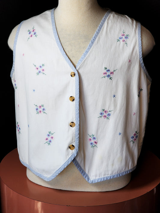 Vtg White Cotton Embroidered Vest Tagged 1X