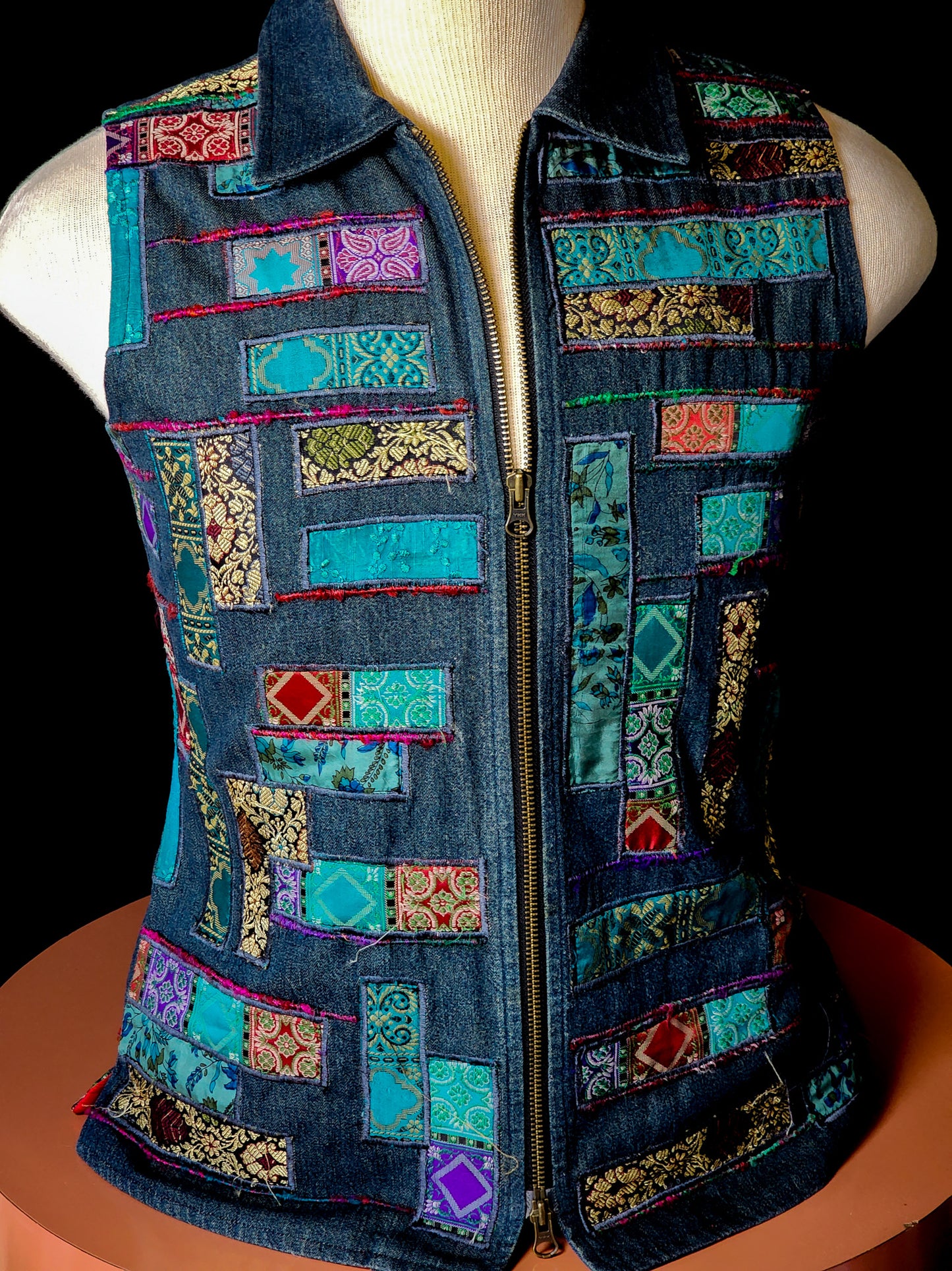 90s Collared Denim Patchwork Zippered Vest Tagged S