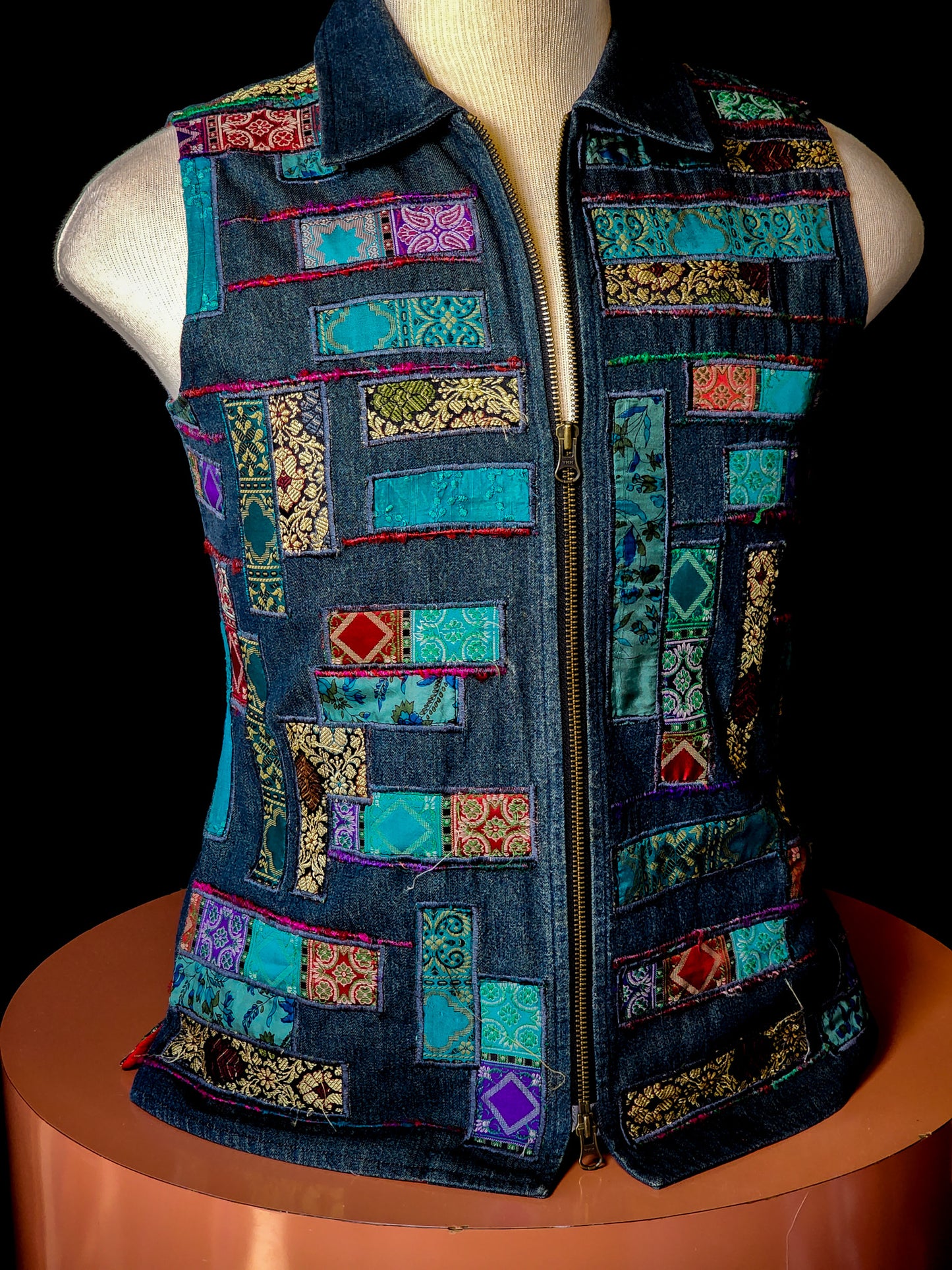 90s Collared Denim Patchwork Zippered Vest Tagged S