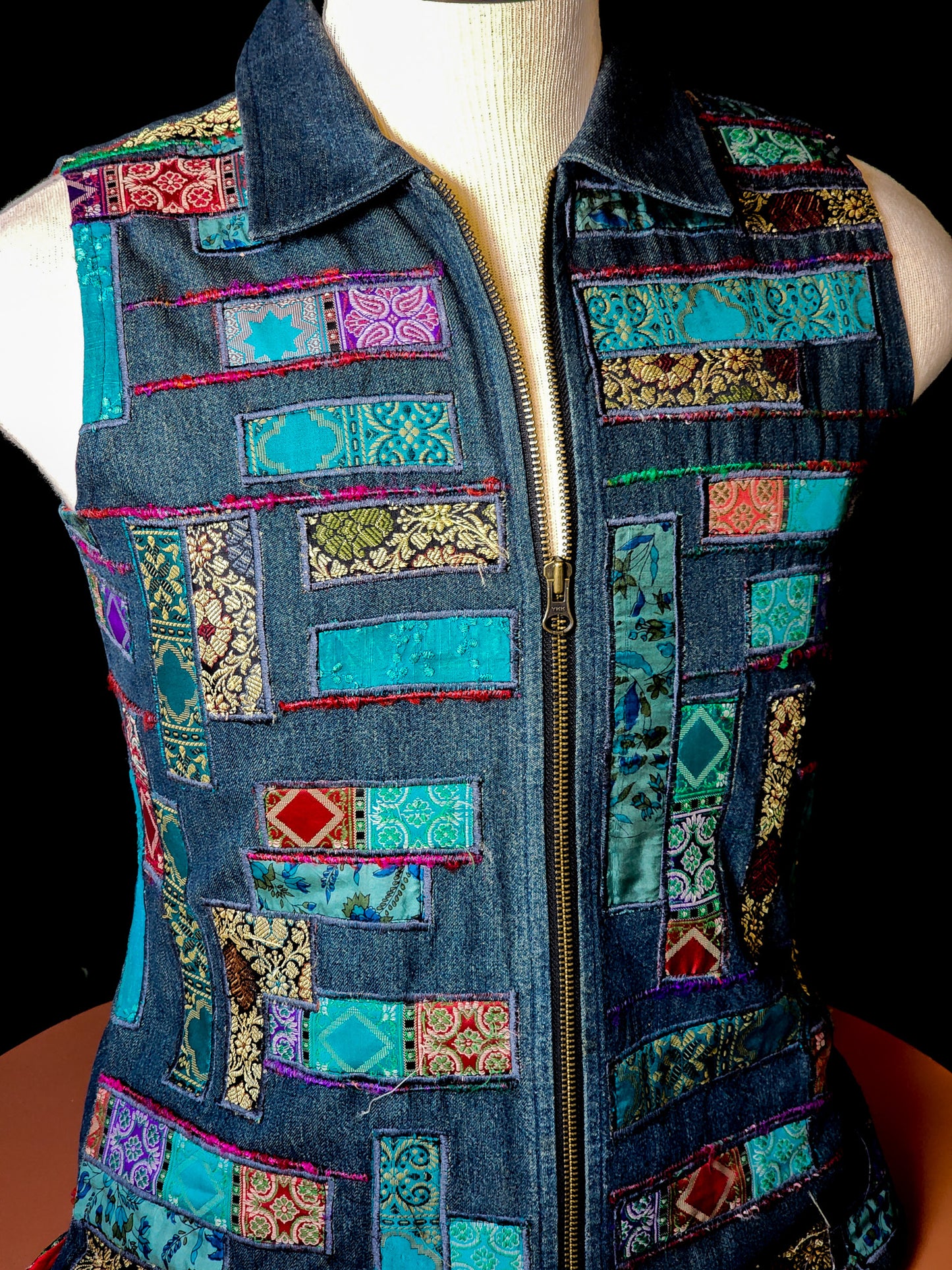 90s Collared Denim Patchwork Zippered Vest Tagged S