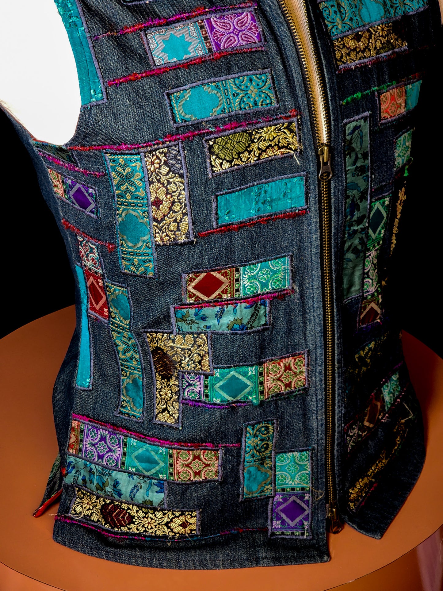 90s Collared Denim Patchwork Zippered Vest Tagged S