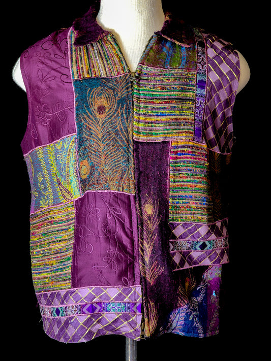 90s Purple Silk Patterned Patchwork Vest Tagged XL