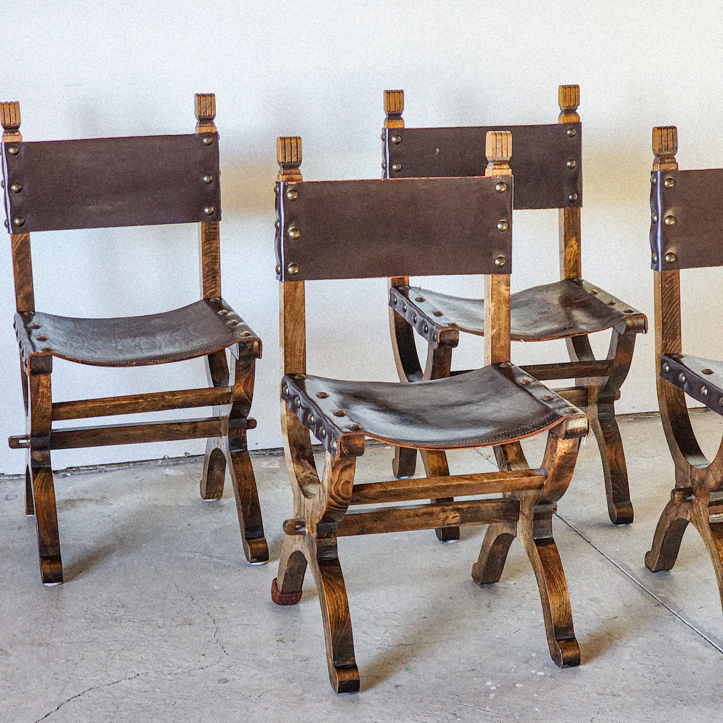 19th Century Medieval Style Leather Sling & Wooden Chairs