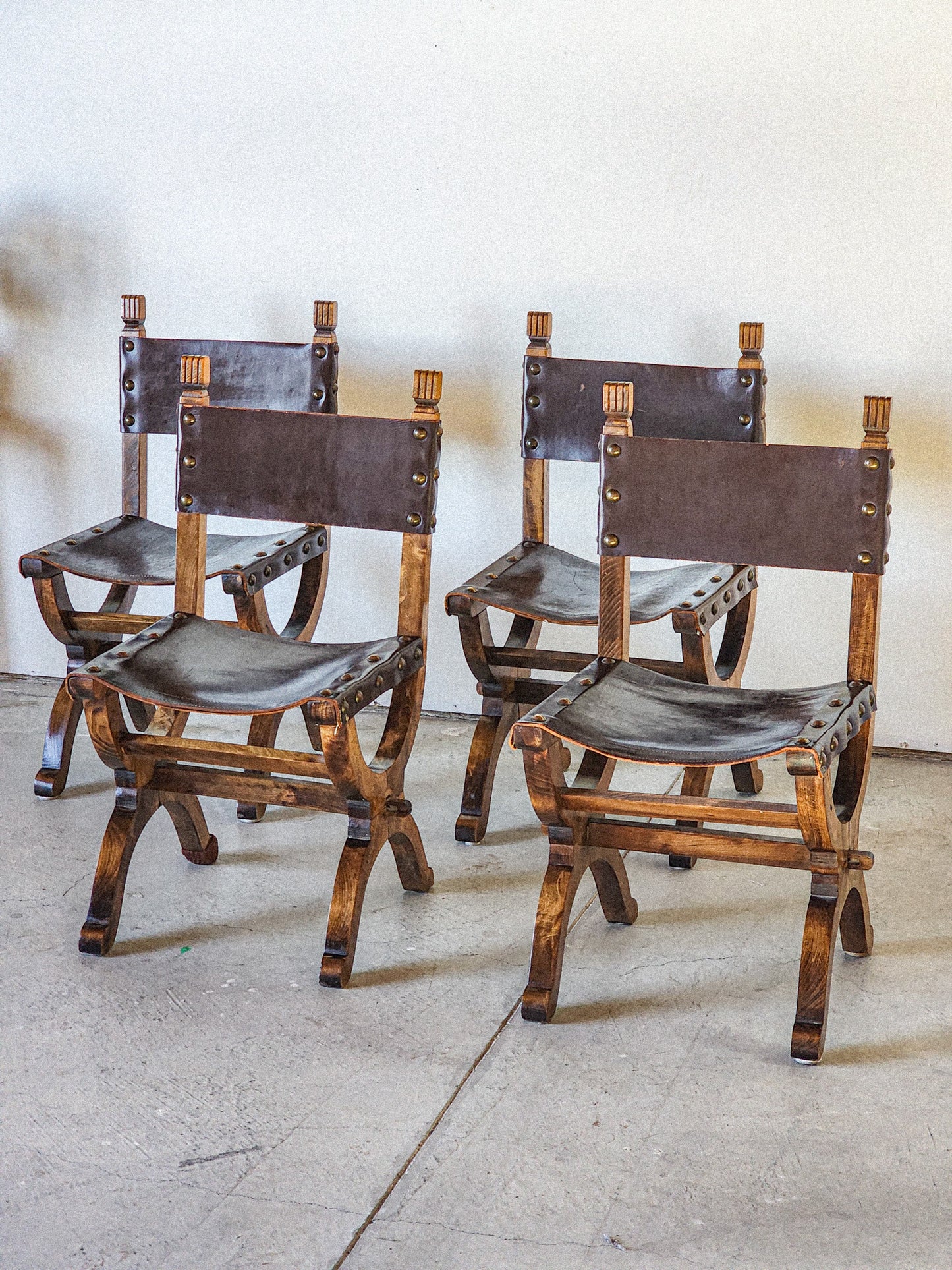 19th Century Medieval Style Leather Sling & Wooden Chairs