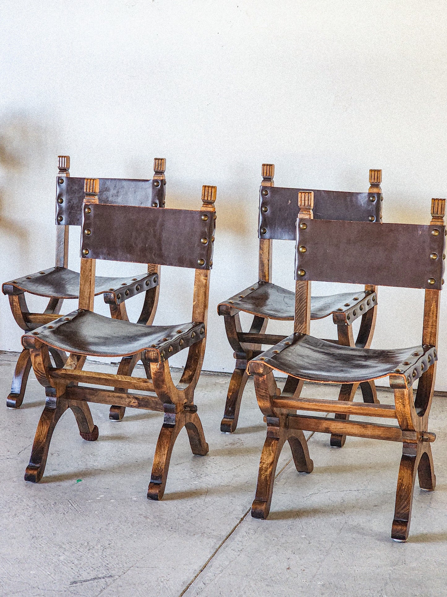 19th Century Medieval Style Leather Sling & Wooden Chairs