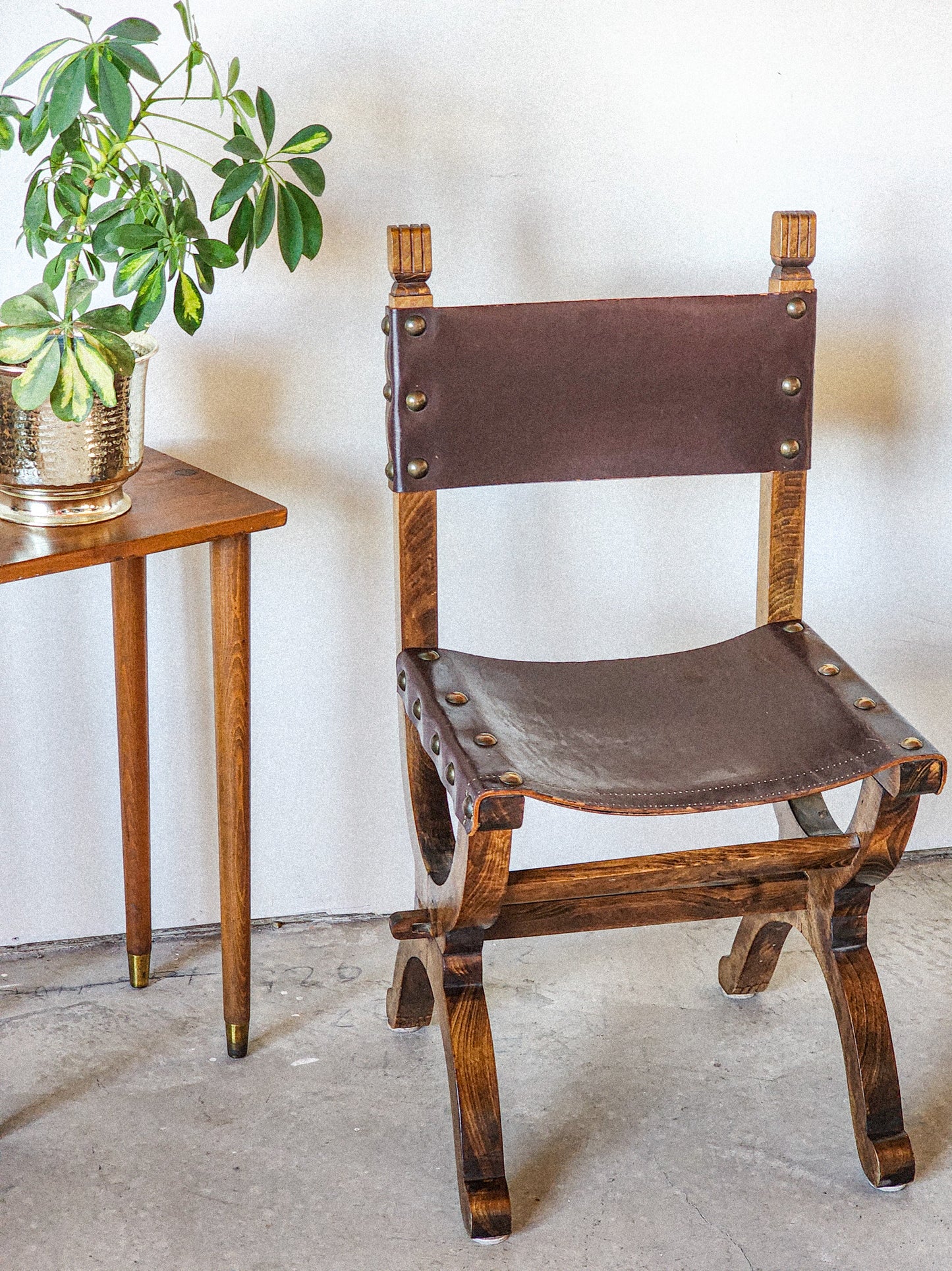 19th Century Medieval Style Leather Sling & Wooden Chairs