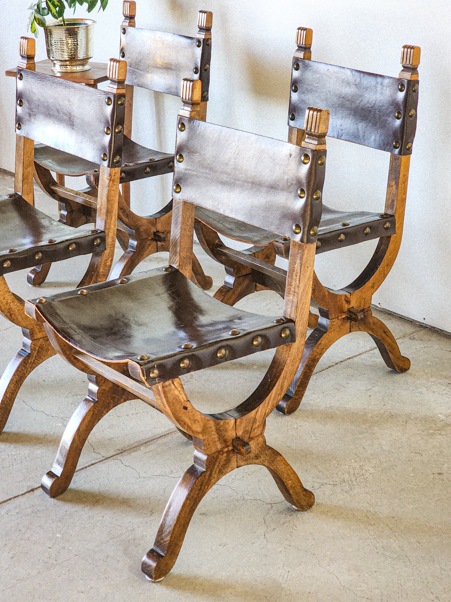 19th Century Medieval Style Leather Sling & Wooden Chairs