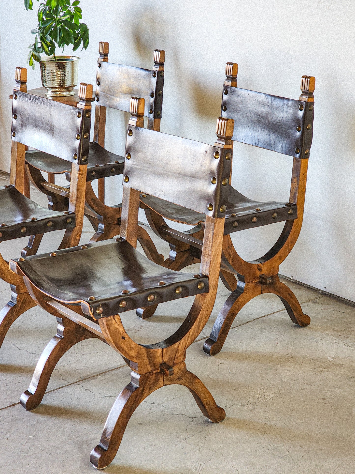 19th Century Medieval Style Leather Sling & Wooden Chairs