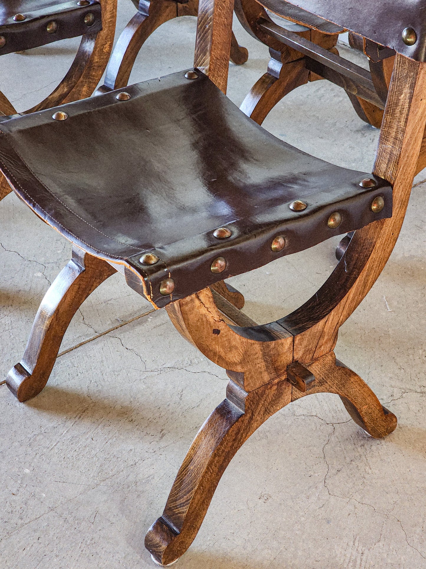 19th Century Medieval Style Leather Sling & Wooden Chairs