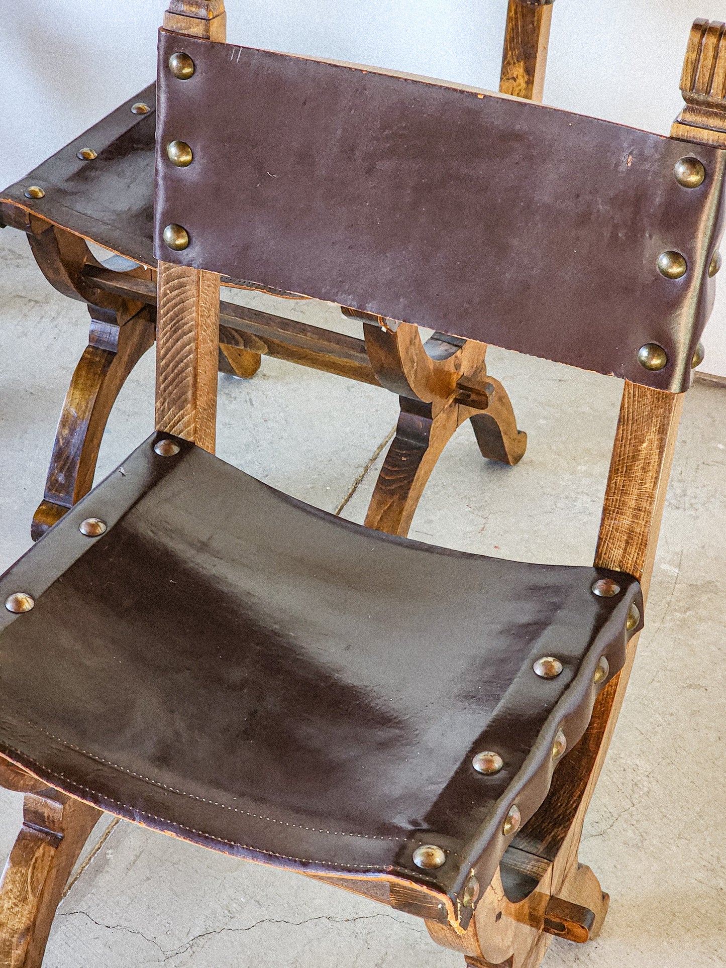 19th Century Medieval Style Leather Sling & Wooden Chairs