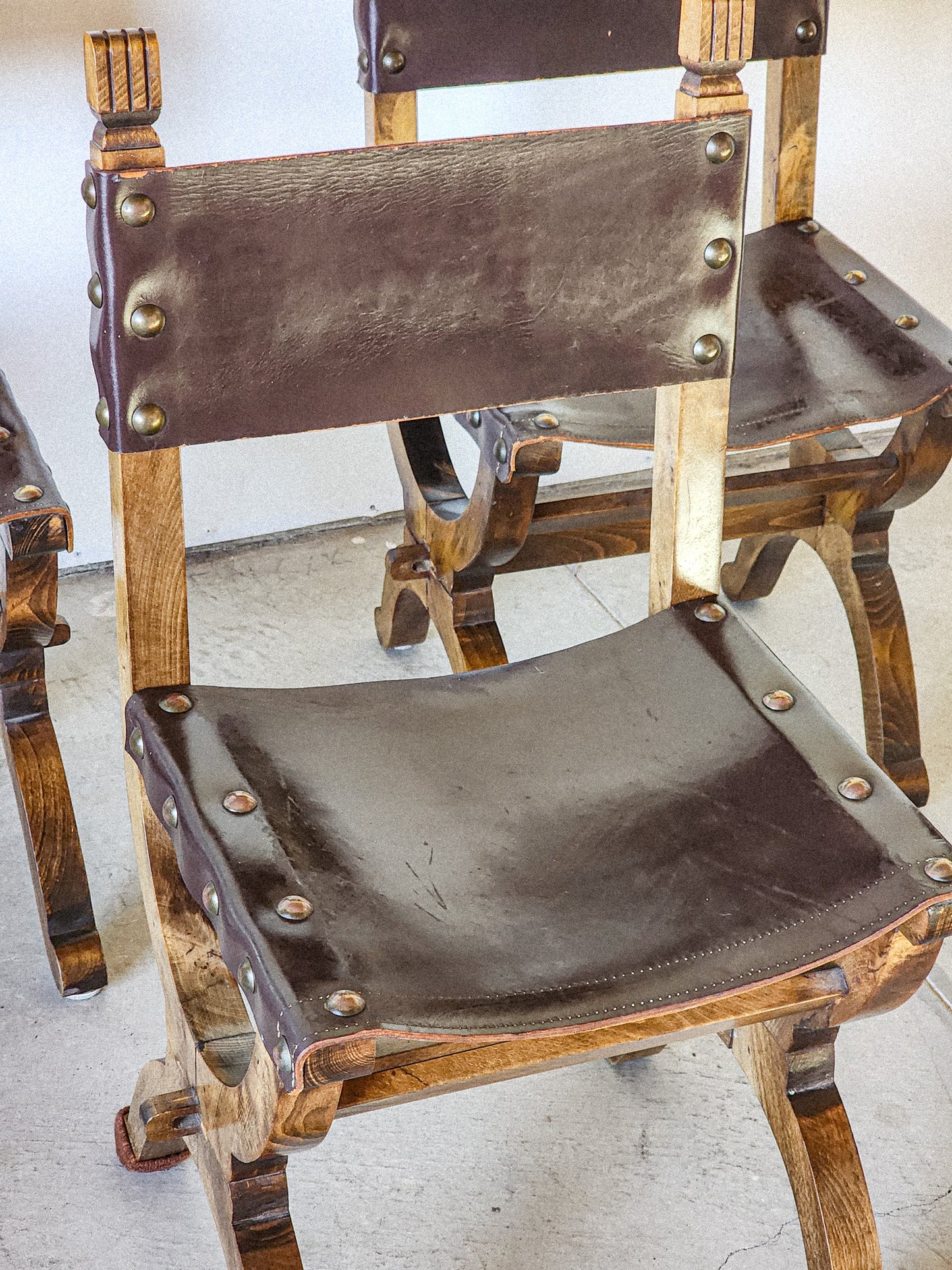 19th Century Medieval Style Leather Sling & Wooden Chairs