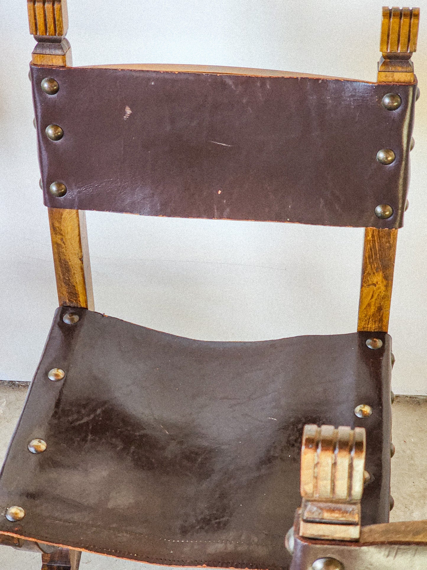 19th Century Medieval Style Leather Sling & Wooden Chairs