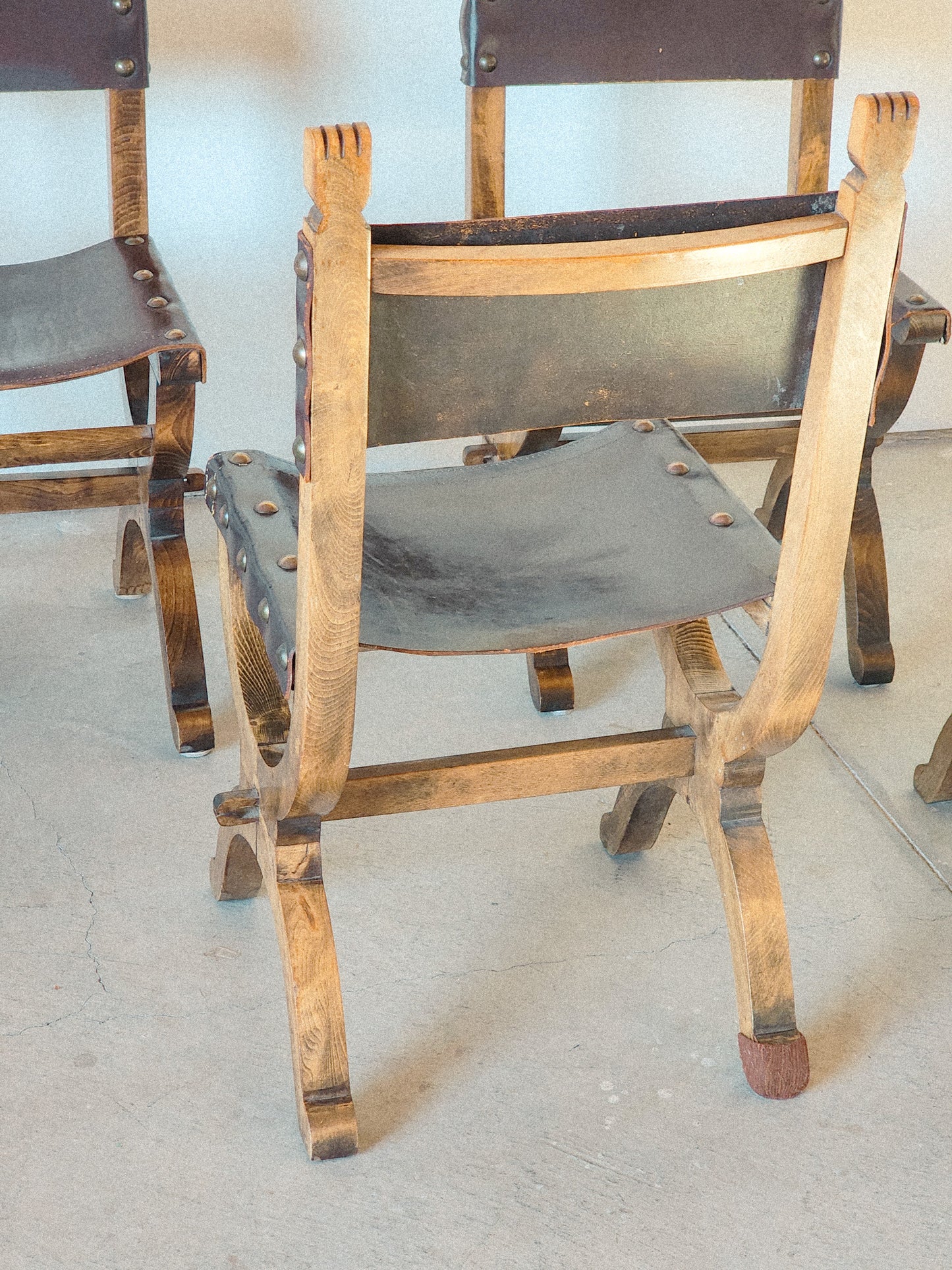 19th Century Medieval Style Leather Sling & Wooden Chairs